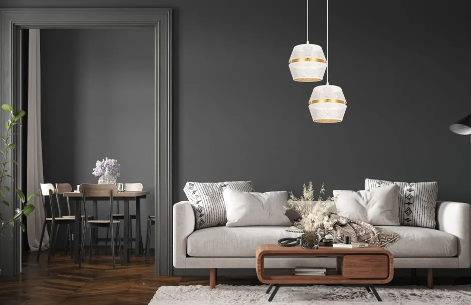 Hängelampen|Bürolampen*Belis Pendelleuchte Weiß Gold Metall 2-flammig B:40 cm E27