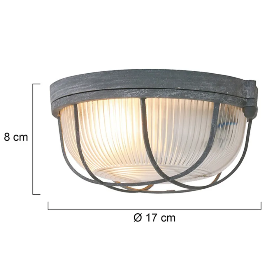 Steinhauer Runde Deckenleuchte Grau Riffelglas Metall E27 Bullauge< Deckenleuchten|Badezimmer Lampe