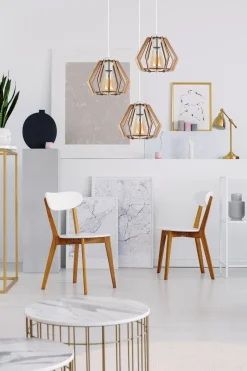 Hängelampen|Bürolampen*Belis Runde Hängelampe E27 Holz Metall Weiß B:35 cm gemütlich