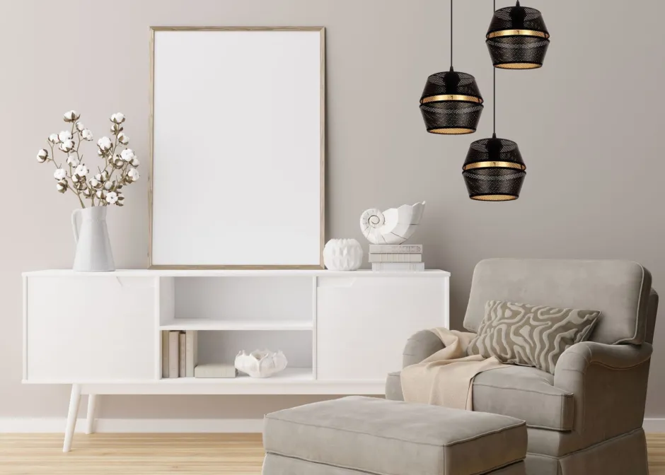 Hängelampen|Bürolampen*Belis Runde Hängelampe Schwarz Gold Metall B:45 cm E27 3-flmg