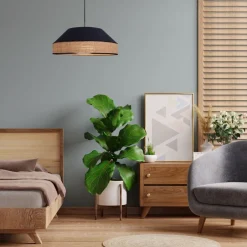 Belis Runde Hängelampe Stoff Rattan Schwarz Natur E27 Ø45 cm< Hängelampen|Bürolampen