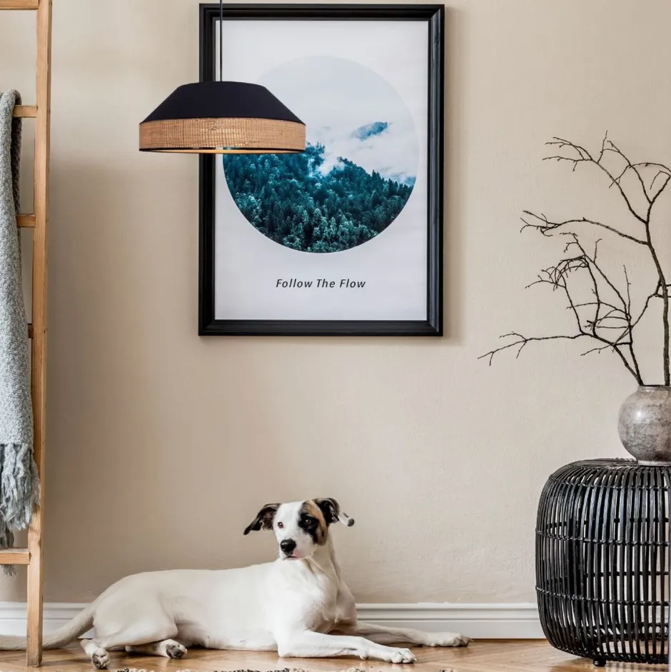 Belis Runde Hängelampe Stoff Rattan Schwarz Natur E27 Ø45 cm< Hängelampen|Bürolampen