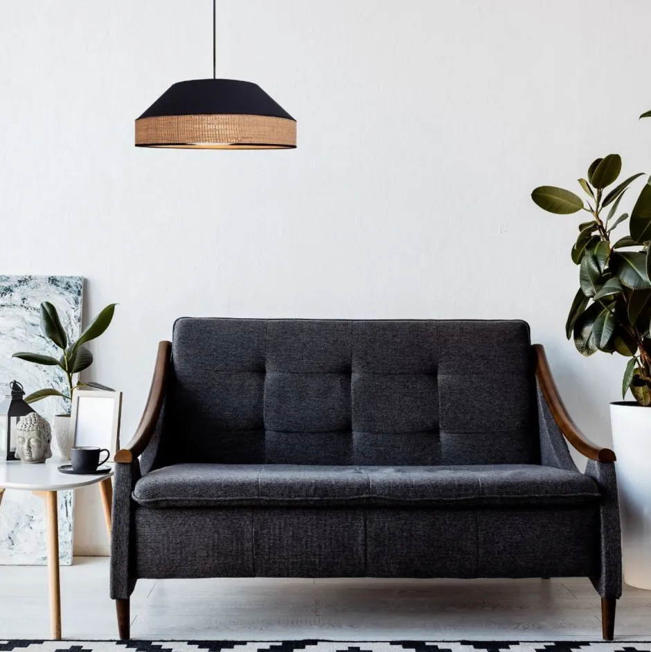 Belis Runde Hängelampe Stoff Rattan Schwarz Natur E27 Ø45 cm< Hängelampen|Bürolampen