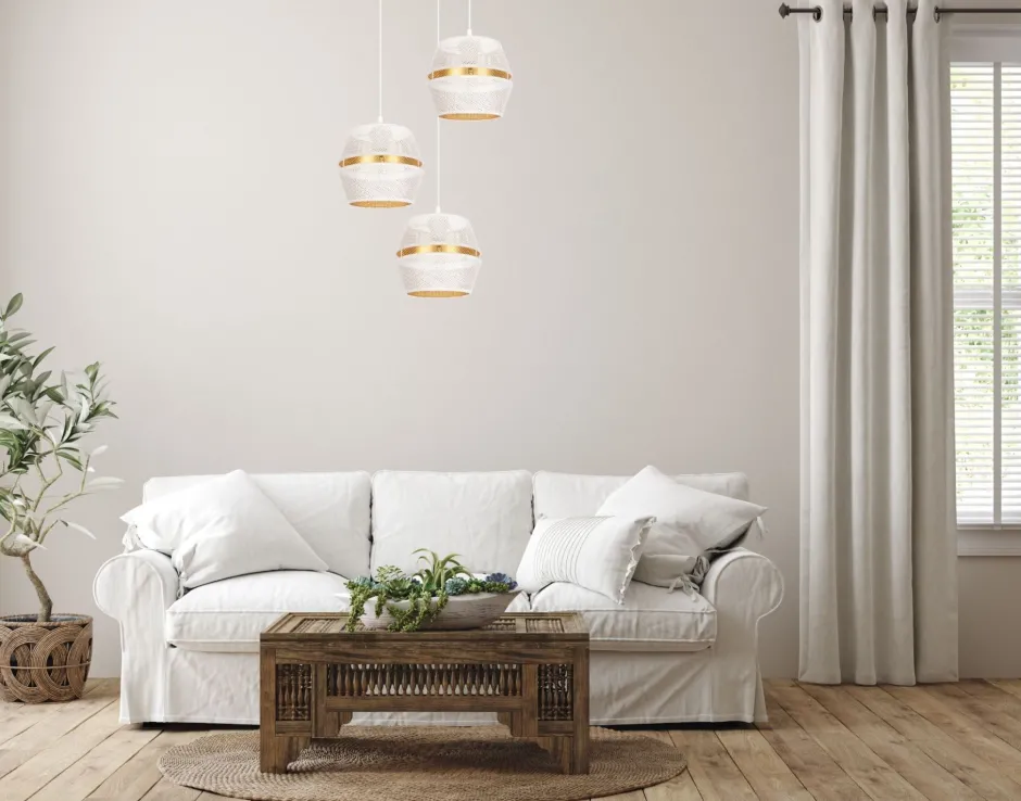 Hängelampen|Bürolampen*Belis Runde Hängelampe Weiß Gold Metall B:45 cm E27 3-flmg