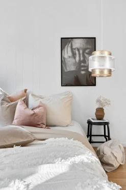 Belis Runde Hängeleuchte Stoff Weiß Gold Ø20 cm E27 gemütlich< Hängelampen|Bürolampen