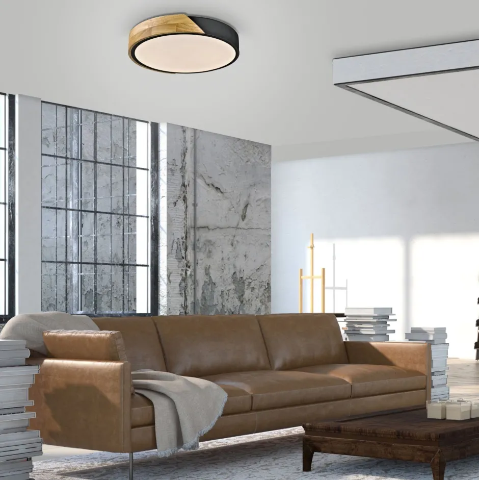 Deckenleuchten|Flurlampen*Just Light Runde LED Deckenlampe Holz Ø32 cm Schwarz Natur 2520 lm