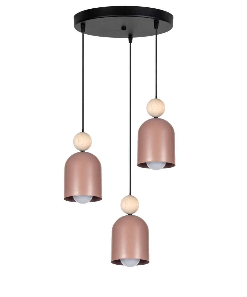 Hängelampen|Bürolampen*Belis Runde Pendelleuchte Pink Metall Holz 3-flmg E27 Ø36 cm