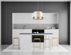 Hängelampen|Bürolampen*Belis Runde Pendelleuchte Stoff Weiß Gold Ø40 cm E27 wohnlich