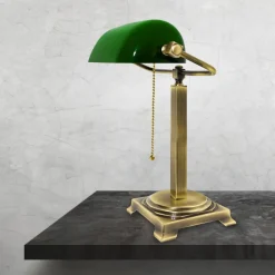 Glaslampen|Messinglampen*Giovanni Battista Schreibtischlampe Messing Glas H: 39,5 cm Zugschalter E27