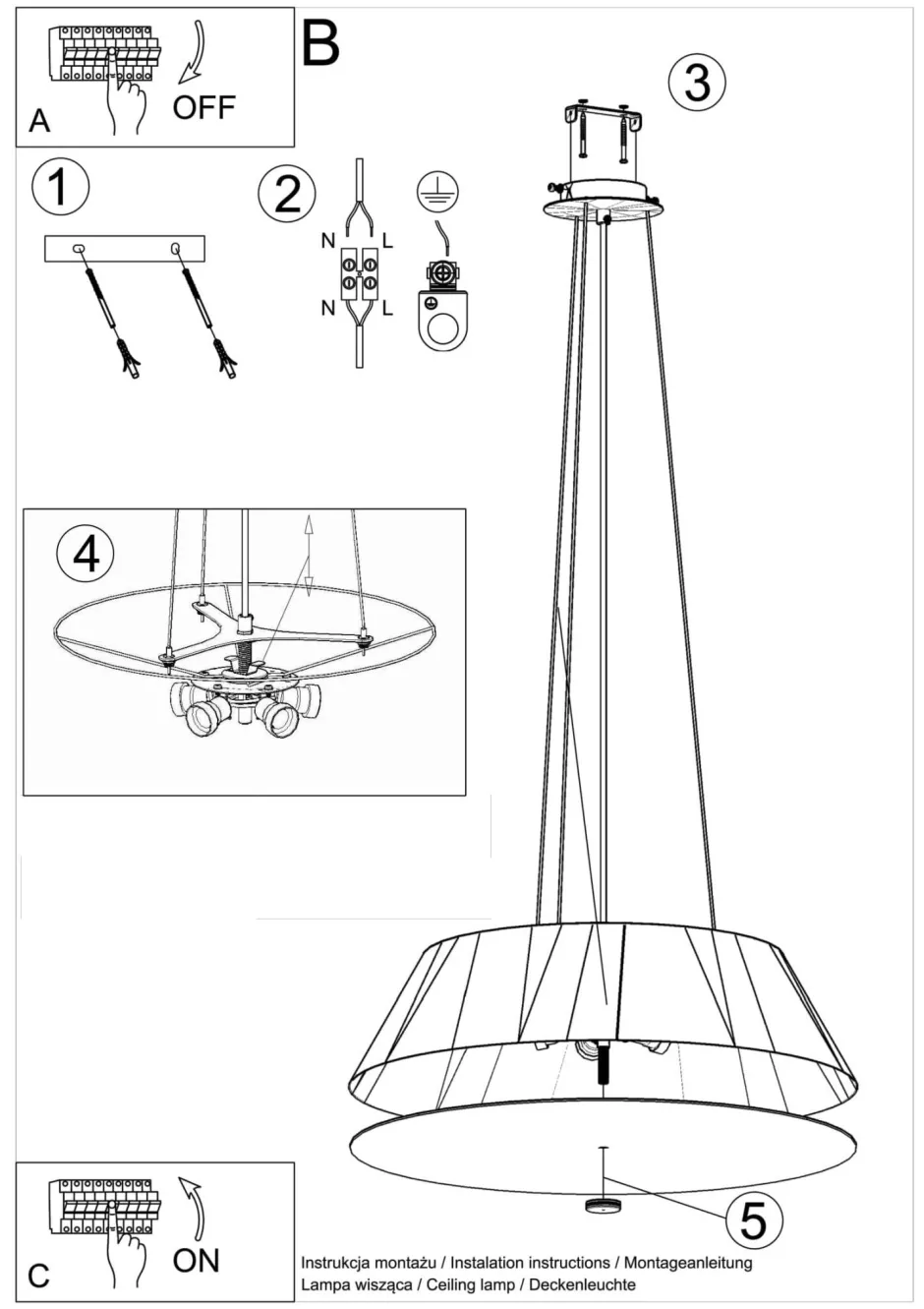 Hängelampen|Stofflampen*Sollux Schwarze Hängelampe Stoff Glas rund Ø 60 cm Modern 5x E27