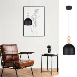 Hängelampen|Bürolampen*Belis Schwarze Hängeleuchte Metall Holz Ø17 cm E27 wohnlich