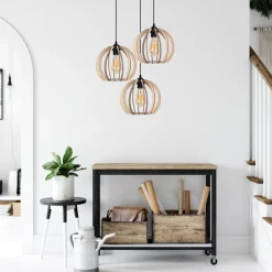 Belis Schwarze Pendelleuchte Holz Metall 3-flmg E27 L:40 cm< Bürolampen|Esszimmer Lampen