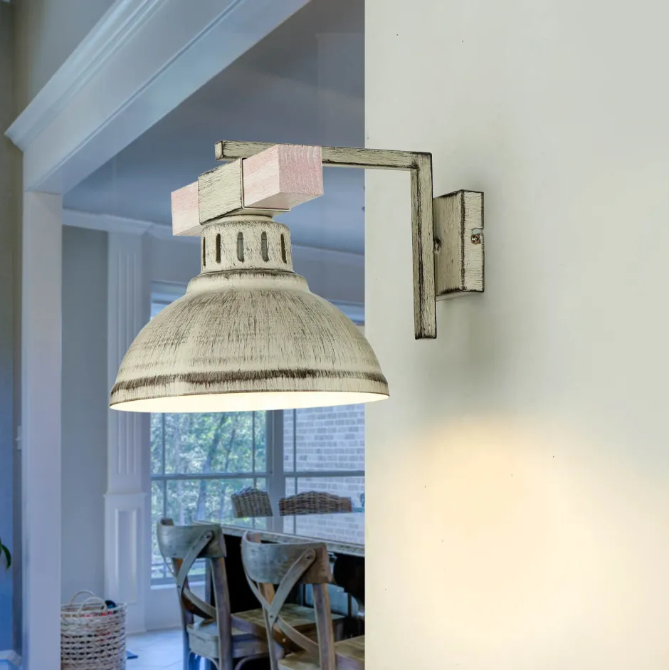 Rustikale Lampen|Vintage Lampen*Luminex Shabby Chic Wandlampe Weiß HAKON mit Echt Holz