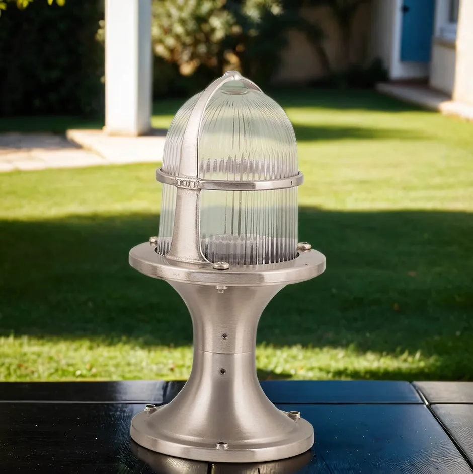 Lido Sockelleuchte außen Nickel Echt-Messing H:28cm< Außenleuchten Antik|Rustikale Außenleuchten