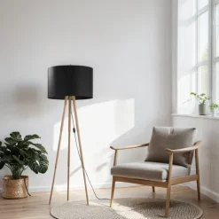 TK Lighting Stehlampe 146 cm Holz Stoff in Natur Schwarz Dreibein< Lampen Aus Aller Welt|Stofflampen