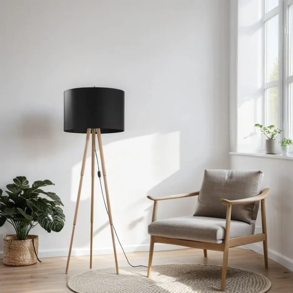 TK Lighting Stehlampe 146 cm Holz Stoff in Natur Schwarz Dreibein< Lampen Aus Aller Welt|Stofflampen