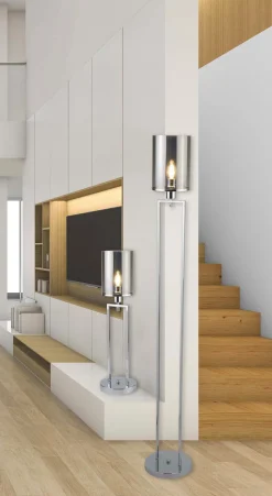 Searchlight Stehlampe klein 144 cm Rauchglas Metall Grau Chrom Wohnzimmer< Glaslampen|Wohnzimmerlampen