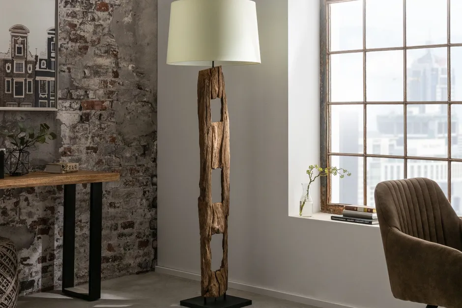 Invicta Interior Stehleuchte Holz Stoff Weiß blendarm 177 cm E27 Lesen< Bürolampen|Stofflampen