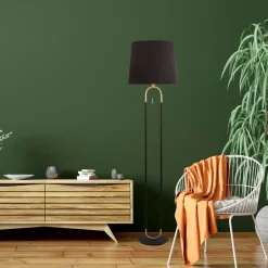 Wohnzimmerlampen|Stofflampen*Searchlight Stehleuchte Stoff Metall 161 cm E27 in Schwarz Messing