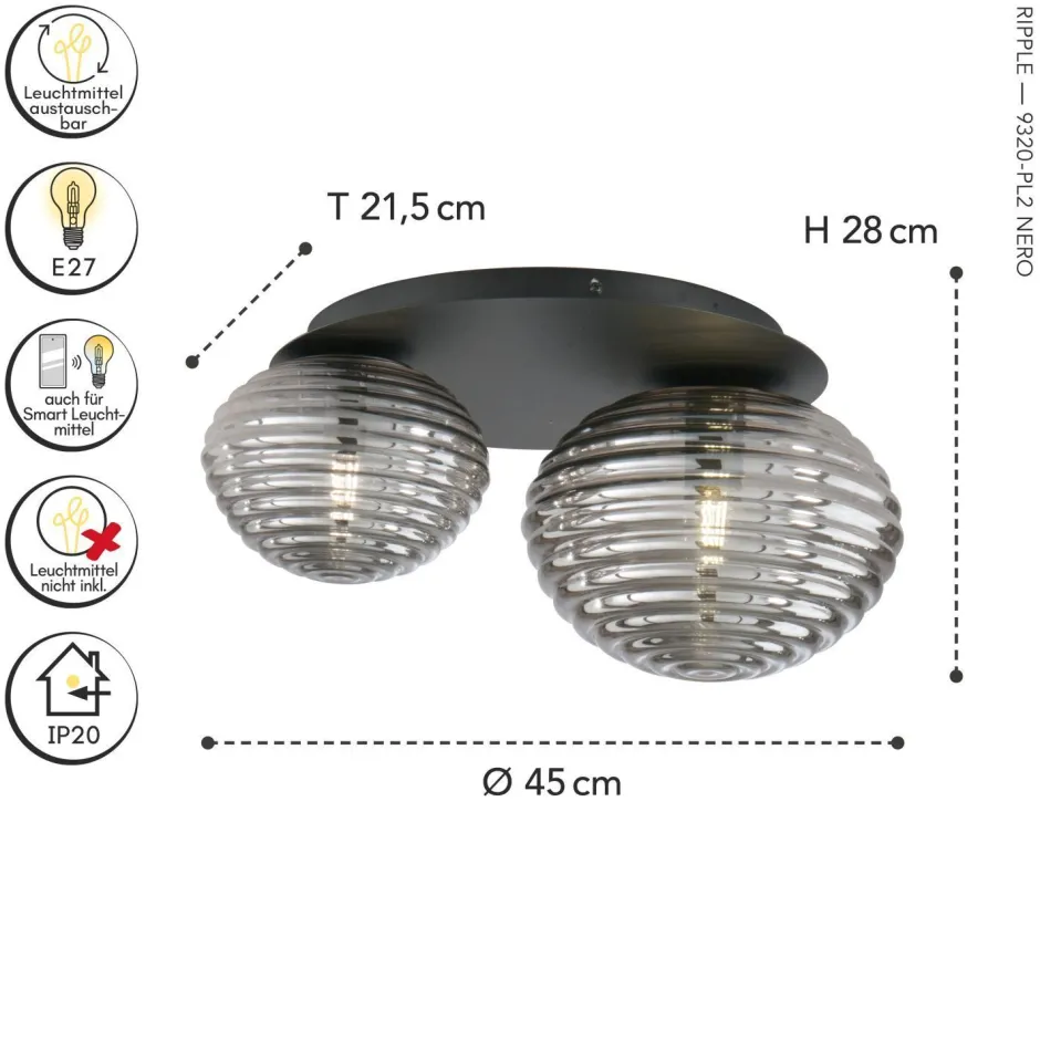 Wohnzimmerlampen|Glaslampen*Eco-Light Stilvolle Deckenleuchte Rauchglas 2-flmg E27 dekorativ