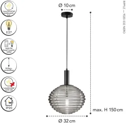 Eco-Light Stilvolle Pendelleuchte Rauchglas Ø32 cm E27 dekorativ< Wohnzimmerlampen|Glaslampen