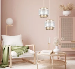 Hängelampen|Bürolampen*Belis Stoff Pendelleuchte Weiß Gold E27 2-flammig L:33 cm