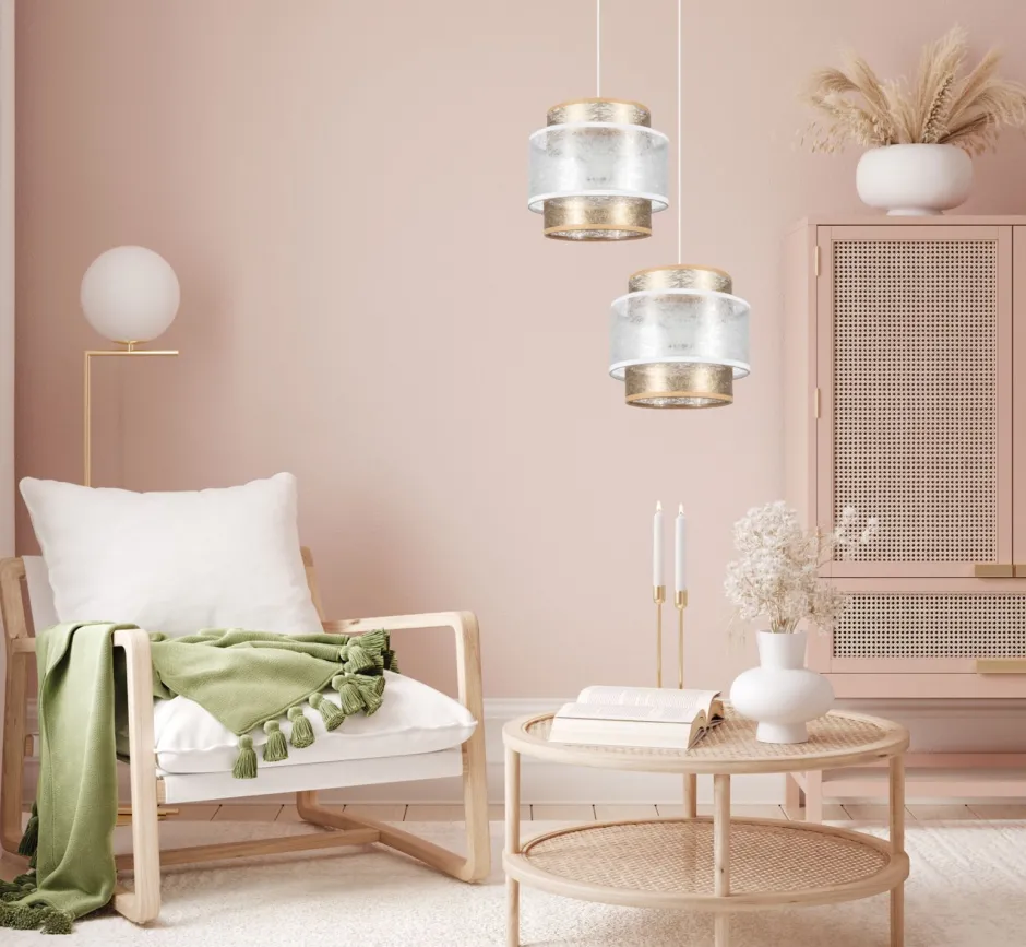 Hängelampen|Bürolampen*Belis Stoff Pendelleuchte Weiß Gold E27 2-flammig L:33 cm