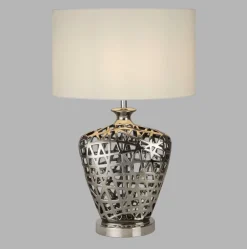 Stofflampen|Schlafzimmer Lampen*Searchlight Tischlampe Chrom Weiß E27 57 cm Ø 36 cm Stoff Keramik