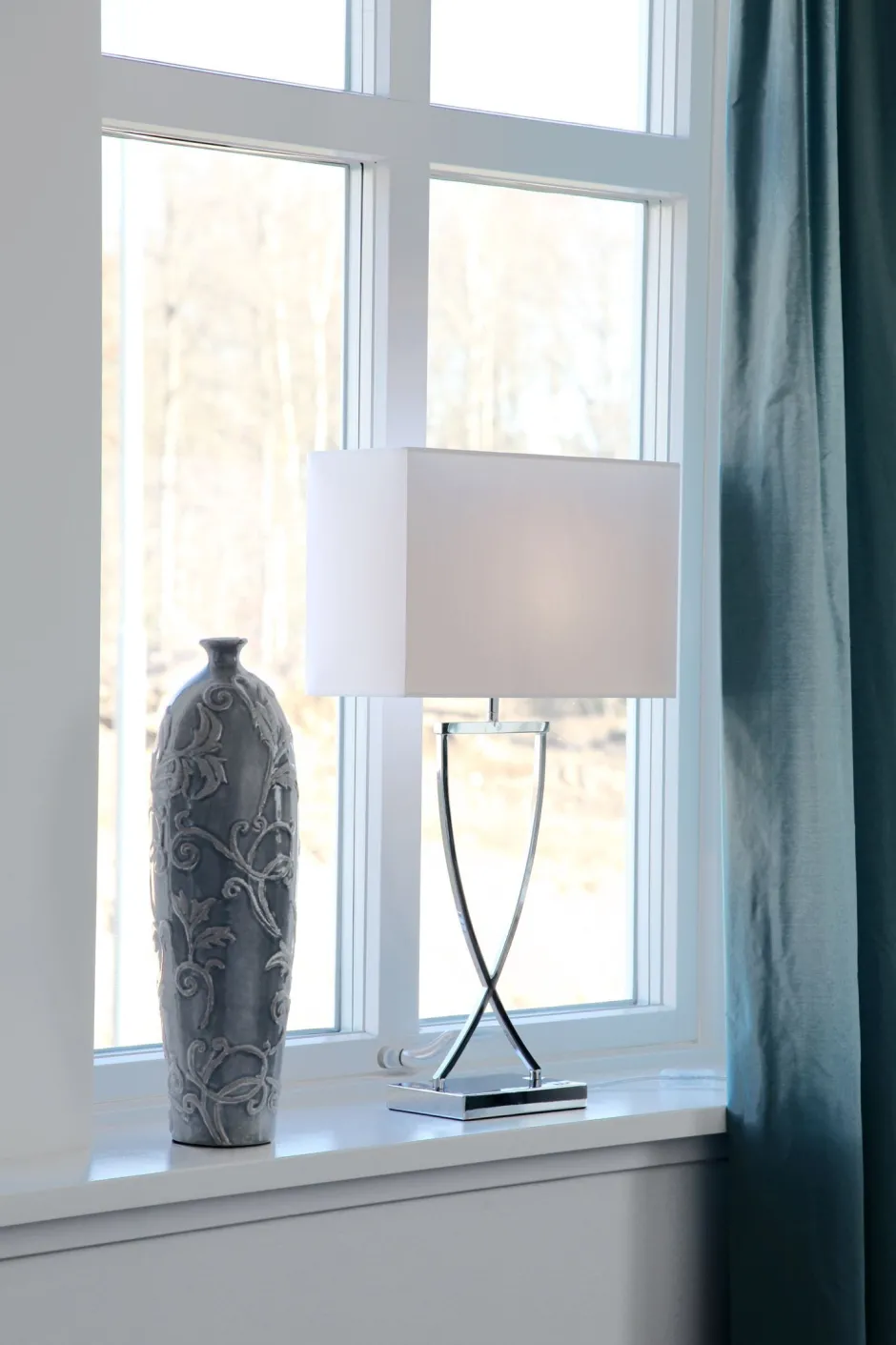 Wohnzimmerlampen|Schlafzimmer Lampen*By Rydéns Tischlampe Chrom Weiß Metall Stoff E27 69 cm hoch