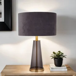 Searchlight Tischlampe Glas Metall E27 60 cm Ø 38 cm Grau Gold< Glaslampen|Stofflampen