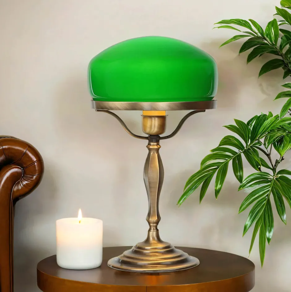 Giovanni Battista Tischlampe Glasschirm Grün aus Echt-Messing< Glaslampen|Metall Lampen
