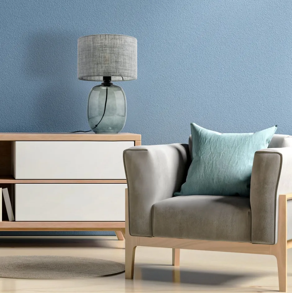 TK Lighting Tischlampe Grau Rauchglas Stoff E27 H: 48 cm Ø 30 cm< Tischlampen|Schlafzimmer Lampen