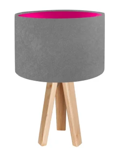 BPS Koncept Tischlampe Holz Dreibein Grau Pink 46cm Retro JERRY< Tischlampen|Schlafzimmer Lampen