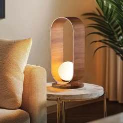 Wohnzimmerlampen|Schlafzimmer Lampen*Elstead Tischlampe Holz Furnier aus Teak Glas 54 cm hoch E27 Modern