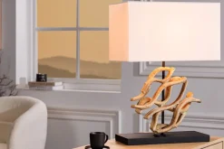 Invicta Interior Tischlampe Holz Stoff blendarm E27 H:57 cm Leselicht< Tischlampen|Schlafzimmer Lampen