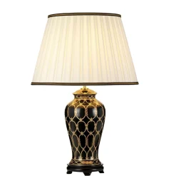 Elstead Tischlampe Keramik Stoff 68 cm Creme Schwarz Gold E27< Wohnzimmerlampen|Stofflampen