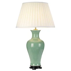 Tischlampen|Schlafzimmer Lampen*Elstead Tischlampe Keramik Stoff Grün Creme 81cm E27 Nachttisch