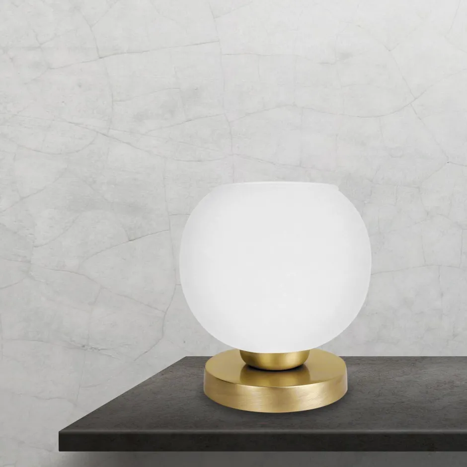 Giovanni Battista Tischlampe Kugel H: 18,5 cm Glas Messing in Weiß Bronze< Tischlampen|Jugendstil Lampen