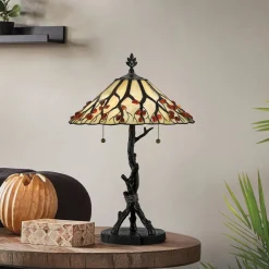 Wohnzimmerlampen|Rustikale Lampen*Elstead Tischlampe Metall Glas 62,9 cm Tiffany Stil 2x E27 Handarbeit