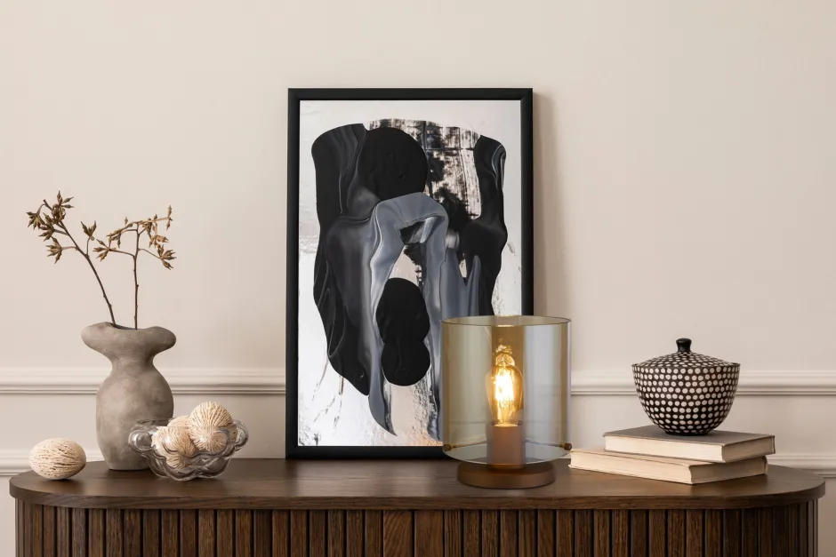 Wohnzimmerlampen|Metall Lampen*Searchlight Tischlampe mit Schalter Mokka Bernstein 25,5 cm E27