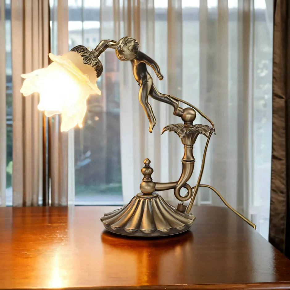 Giovanni Battista Tischlampe Putti aus Echt-Messing Antik Premium< Wohnzimmerlampen|Glaslampen