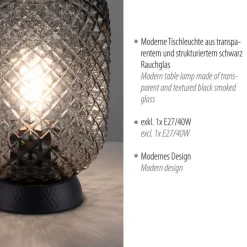 Just Light Tischlampe Rauchgrau Schwarz Glas Metall 22,5 cm E27< Wohnzimmerlampen|Schlafzimmer Lampen