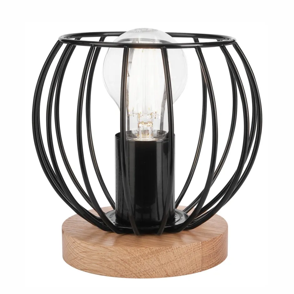 Lamkur Tischlampe Schwarz E27 klein H: 16 cm Metall Holz Retro< Tischlampen|Kugellampen