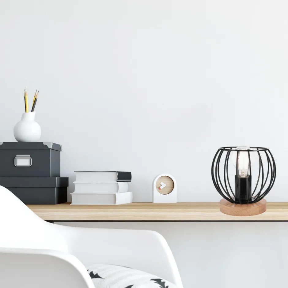 Lamkur Tischlampe Schwarz E27 klein H: 16 cm Metall Holz Retro< Tischlampen|Kugellampen