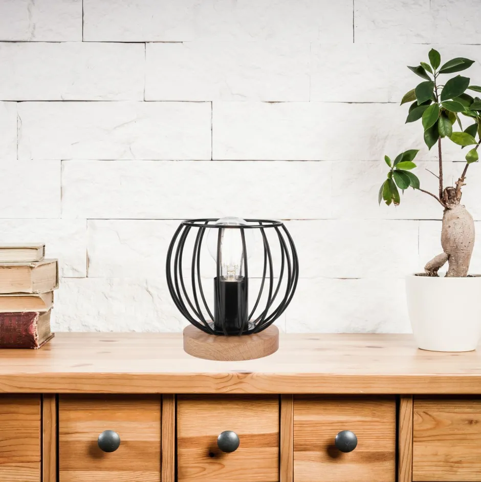 Lamkur Tischlampe Schwarz E27 klein H: 16 cm Metall Holz Retro< Tischlampen|Kugellampen