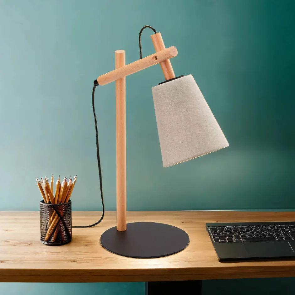 Schreibtischlampen|Lampen Aus Aller Welt*TK Lighting Tischlampe Skandinavisch Holz Leinen 46 cm E27