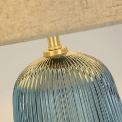 Wohnzimmerlampen|Glaslampen*Searchlight Tischlampe Stoff Glas E27 37 cm Blau Natur wohnlich