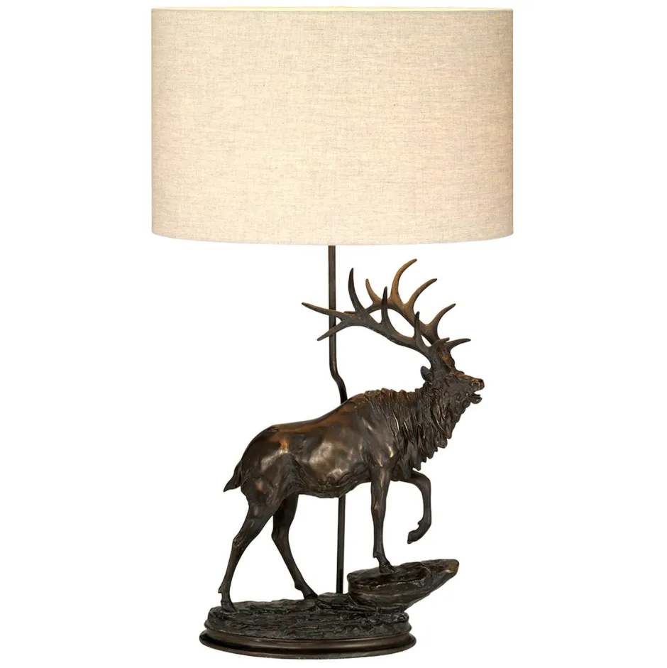 Tischlampen|Schlafzimmer Lampen*Elstead Tischlampe Stoff Resin Hirsch 80cm Bronze antik Natur