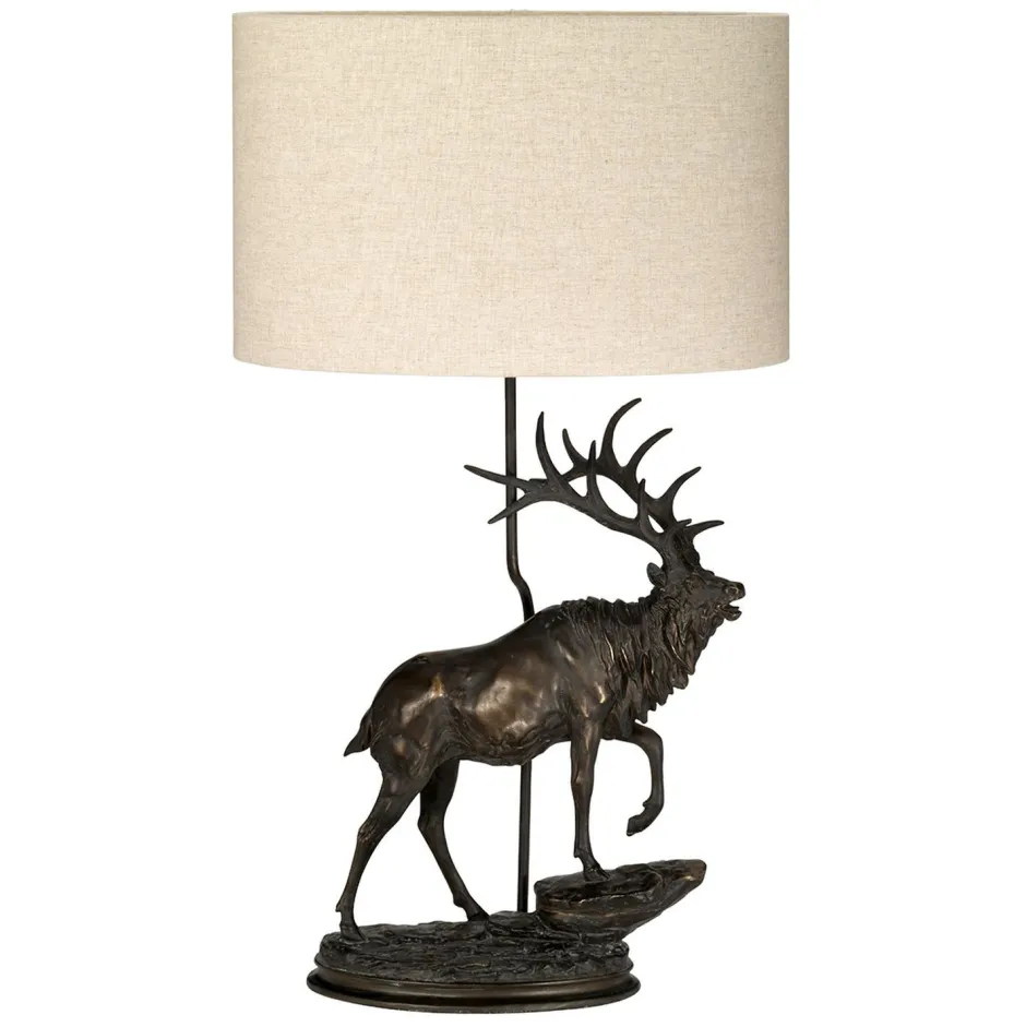 Tischlampen|Schlafzimmer Lampen*Elstead Tischlampe Stoff Resin Hirsch 80cm Bronze antik Natur