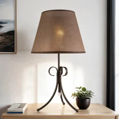 Lamkur Tischlampe Stoffschirm Braun Landhaus rund Lampe< Stofflampen|Lampe Landhausstil